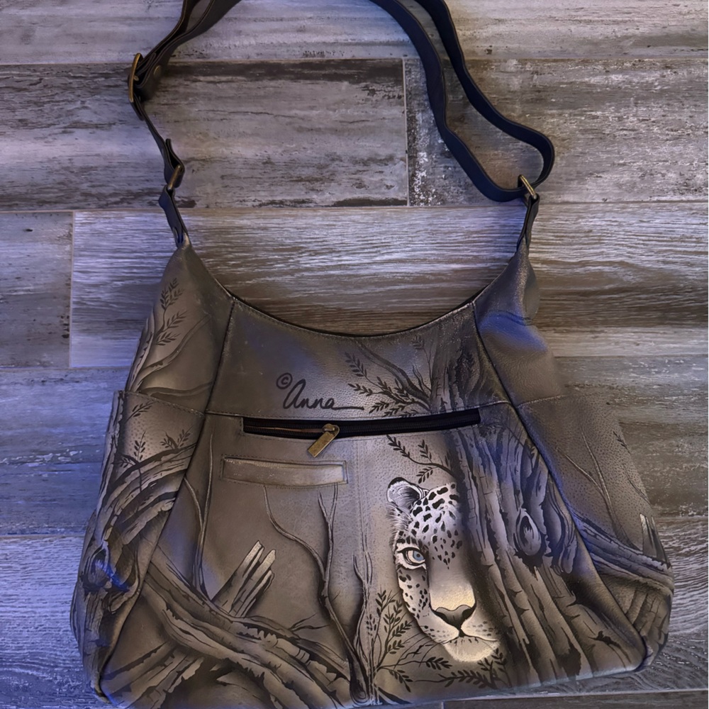 Anna by Anuschka Handpainted Leather African Leopard Shoulder Bag